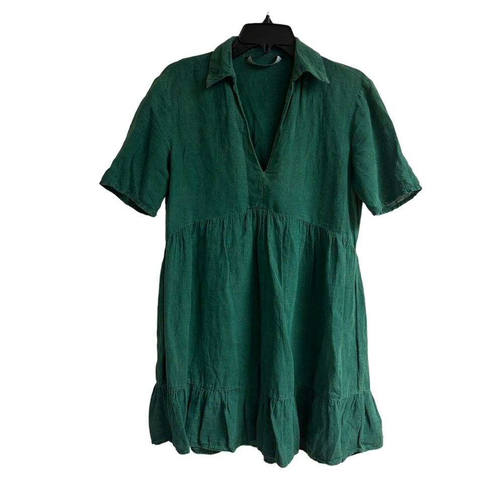 Zara Tiered Linen Mini Dress Kelly Green Collared Short Sleeve size XS